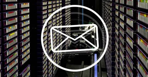 Image of envelope and circle over server room Stock Illustration