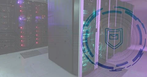 Image of envelope and shield in loading circles, illuminated data server racks Stock Photos