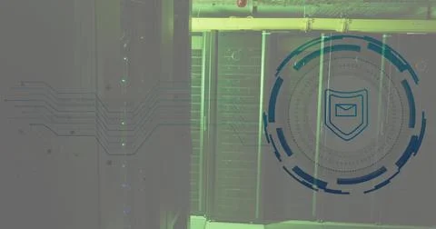 Image of envelope and shield in loading circles, illuminated data server racks Stock Photos