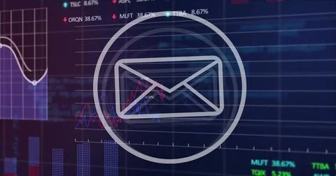 Image of envelope in circle, graphs, changing numbers, trading boards and Stock Photos