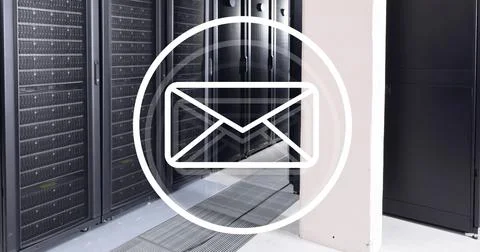 Image of envelope in circle over data server racks in server room Stock Illustration
