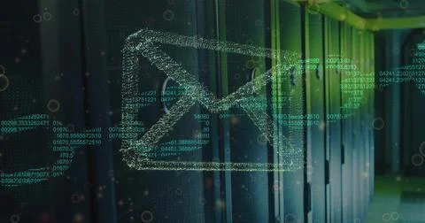 Image of envelope, data processing over computer servers Stock Photos