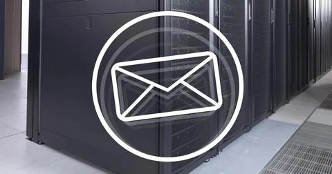 Image of envelope email icon over computer server room 스톡 일러스트