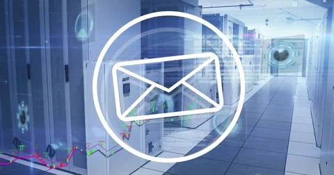 Image of envelope email icon over processing data and computer server room 스톡 일러스트