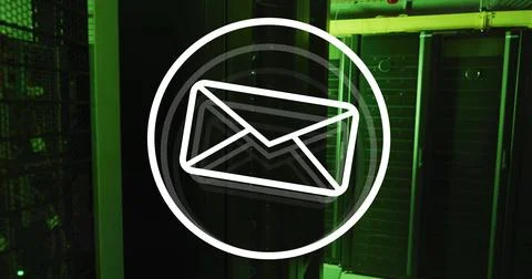 Image of envelope email icon over dark computer server room Stock Photos