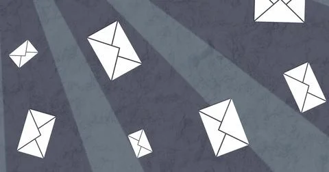 Image of envelope email icons falling over rotating grey bright stripes Stock Illustration