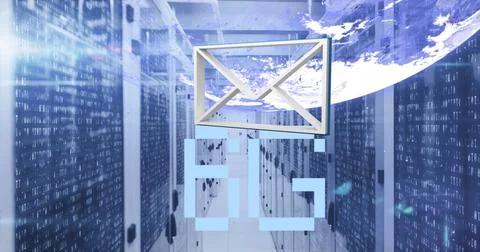 Image of envelope icon, 6g text and globe over illuminated server room and lens Stock Photos