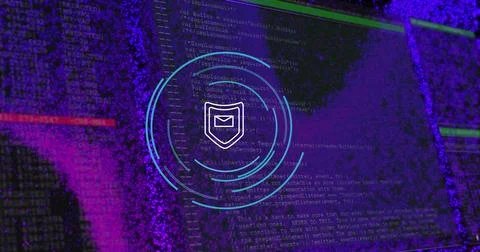 Image of envelope icon and computer data processing over dark background Stock Photos