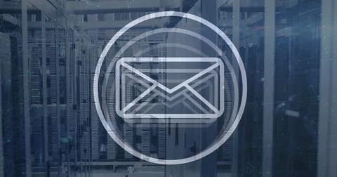 Image of envelope icon and data processing over server room 库存插图