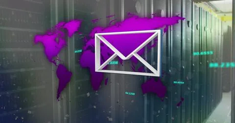 Image of envelope icon with illuminated map, digits and falling confetti over Stock Photos