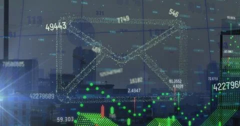 Image of envelope icon over data processing and cityscape 库存插图