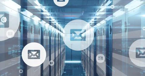 Image of envelope icons and data processing over computer servers Foto stock