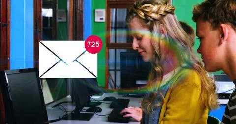 Image of envelope mail icon and increasing number count over secondary scho.. Stock Photos