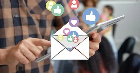 Image of envelope mail icon opening with social media icons over mid section of Stock Illustration