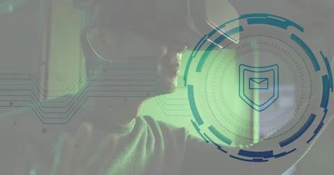 Image of envelope in shield and loading circles, biracial man using vr headset Ilustración de archivo
