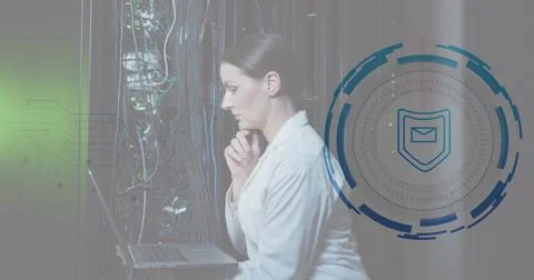 Image of envelope, shield, circles, caucasian woman examining data server using 스톡 일러스트