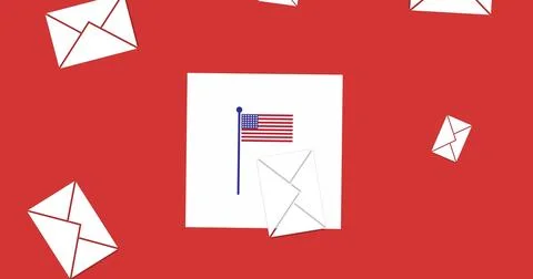 Image of envelopes falling and flag in red, white and blue of united states of Stock Illustration