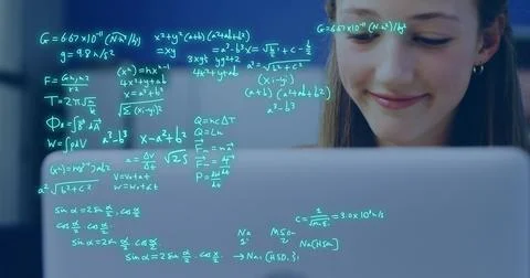 Image of equations and data processing over caucasian female student studying Stock Photos