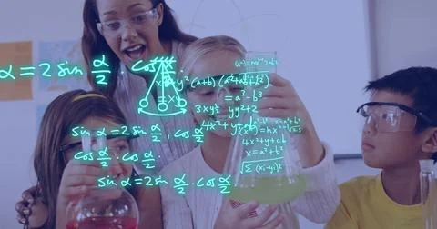Image of equations and data processing over diverse school children Stock Photos