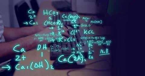 Image of equations and data processing over biracial male student using computer Foto stock