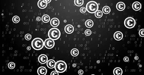 Image of euro dollar sign, binary coding and financial data processing Stock Photos
