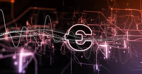 Image of euro sign, data processing and connections on black background 스톡 일러스트