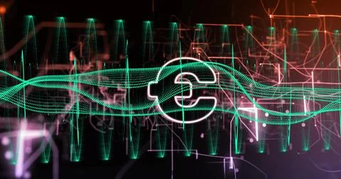 Image of euro sign, data processing and connections on black background Stockillustratie