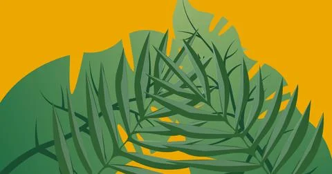 Image of exotic green leaf shapes moving on yellow background Stock Illustration