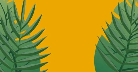 Image of exotic green leaf shapes moving on yellow background Stock Illustration