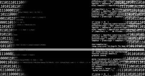 Image of expanding ring of binary data over text data processing on black 库存照片