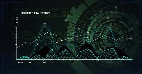 Image of expected trajectory graph over circular scanner processing on black Foto stock