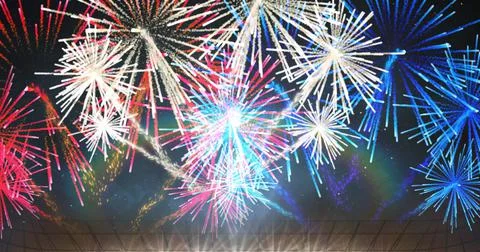 Image of exploding colourful fireworks and spotlights on black background Stock Illustration