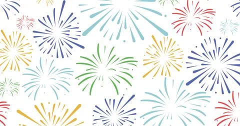 Image of exploding colourful fireworks scrolling on white background Illustrazione stock