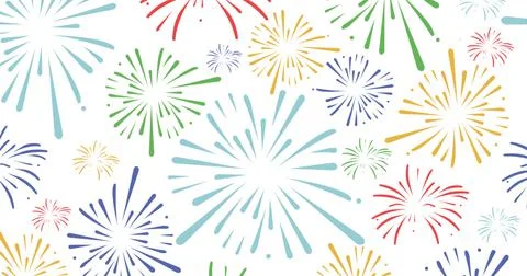 Image of exploding colourful fireworks scrolling on white background Illustrazione stock