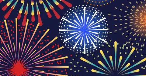 Image of exploding colourful fireworks scrolling on black background Stock Illustration