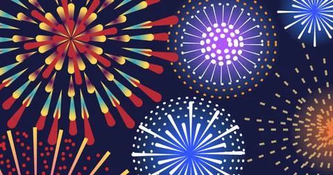 Image of exploding colourful fireworks scrolling on black background Stock Illustration