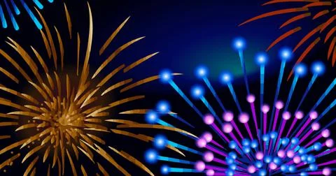 Image of exploding colourful fireworks scrolling on dark blue background Stock Illustration