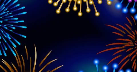 Image of exploding colourful fireworks scrolling on dark blue background 스톡 일러스트