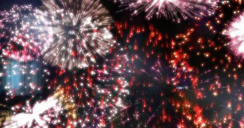 Image of exploding red and white fireworks scrolling on black background Illustrazione stock