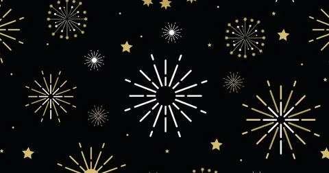 Image of exploding white and gold fireworks scrolling on black background Stock Illustration