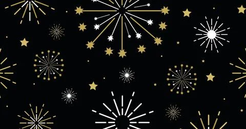 Image of exploding white and gold fireworks scrolling on black background Illustrazione stock