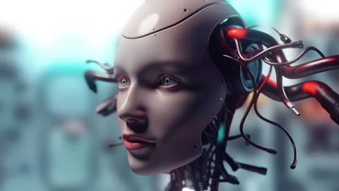 The image explores the idea of merging technology and humanity..Sci-Fi/Cyberp Stock Footage 308950220