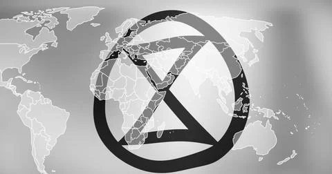 Image of extinction rebellion sign over world map on grey background Ilustração Stock