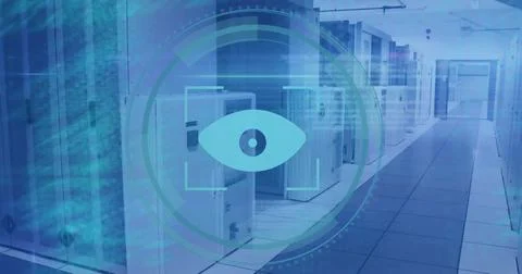 Image of eye icon and digital data processing over computer servers Stock Photos