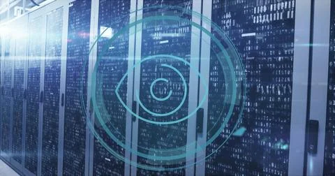 Image of eye icon and digital data processing over computer servers Stock Photos