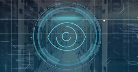Image of eye icon with digital data processing over computer servers Stock Photos