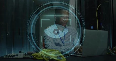Image of eye icon over african american male server room worker Stock Illustration