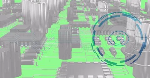 Image of eye icon over data processing and computing board Stock Illustration