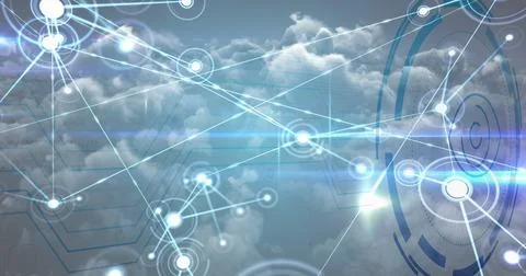 Image of eye icon over data processing and clouds Illustrazione stock