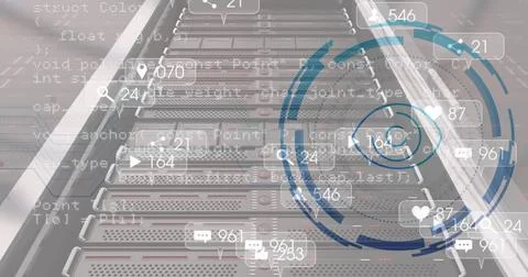 Image of eye icon over data processing and server room 写真素材